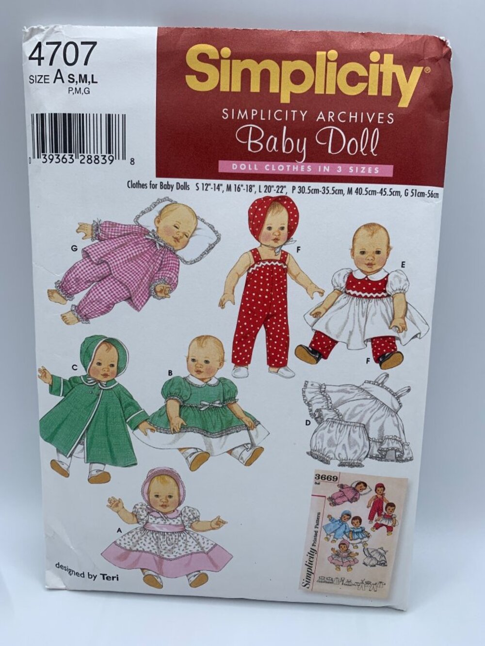 Simplicity Baby Doll Clothes Sewing Pattern Size 12" 14 16 18 20 22" Doll 4707